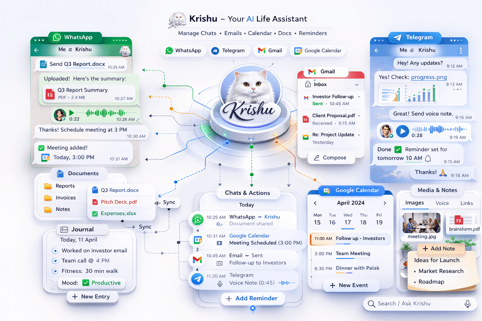 Krishu connecting WhatsApp, Telegram, Gmail, Google Calendar, documents, notes, chats, and reminders in one assistant view